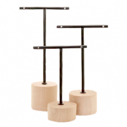 Expositor de joyería en forma de T con base de madera para pendientes (3pzas.) Naturel (color madera natural)-negro