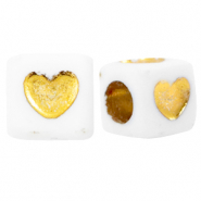 Abalorios letras acr&iacute;licas corazones Blanco-dorado