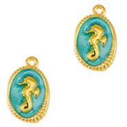 Colgantes metálicos DQ caballito de mar Dorado-azul turquesa (sin níquel)