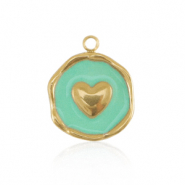 Colgantes Acero Inox coraz&oacute;n Dorado-azul turquesa