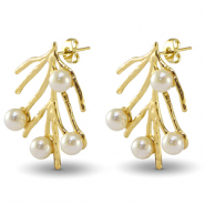 Pendientes Acero Inox algas marinas Imitaci&oacute;n de perlas Dorado