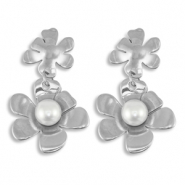 Pendientes Acero Inox flor con imitaci&oacute;n de perlas Plateado