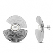 Pendientes Acero Inox abanico con imitaci&oacute;n de perlas Plateado