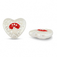 Abalorios acrílicos corazón con seta Perla-rojo-blanco