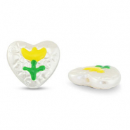 Abalorios acrílicos corazón con flor Perla-amarillo-verde