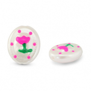 Abalorios acrílicos óvalo con flor Perla-rosa-verde