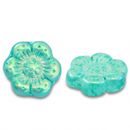 Abalorios Checos boho flower 14mm Transparente turquesa verde-cubierta AB