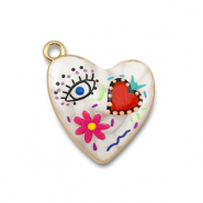 colgantes met&aacute;licos con esmalte coraz&oacute;n Blanco-multicolor-dorado