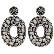 Pendientes trendy con abalorios de vidrio óvalo negro-plateado-azul claro