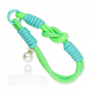 Cord&oacute;n para m&oacute;vil trendy con perla incl. parche de sujeci&oacute;n Verde ne&oacute;n-verdoso turqueza-blanco marfil