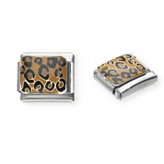 Acero Inox link-eslabón para pulsera italiana con dijes Acero Inox estampado leopardo Plateado-marrón claro-negro