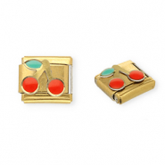 Acero Inox link-eslabón para pulsera italiana con dijes Acero Inox cerezas Dorado-rojo-verde