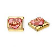 Acero Inox link-eslabón para pulsera italiana con dijes Acero Inox corazón "Girl power" Dorado-rosa-rojo