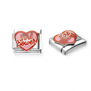 Acero Inox link-eslabón para pulsera italiana con dijes Acero Inox corazón "Girl power" Plateado-rosa-rojo