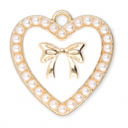 Colgantes metálicos corazón con perlas y lazo Dorado-blanco