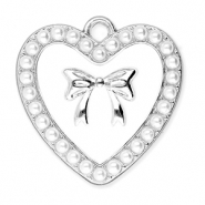 Colgantes metálicos corazón con perlas y lazo Plateado-blanco