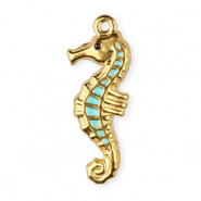 Colgantes Acero Inox esmalte caballito de mar Dorado-azul claro