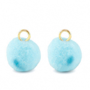 colgantes pompón con anilla 10mm Dorado-azul aquamarina