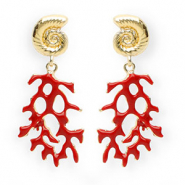Pendientes trendy en esmalte concha & coral con perno de acero inox Dorado-rojo oscuro
