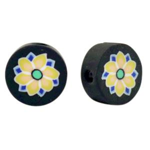 Abalorios de pol&iacute;meros flor Negro-amarillo