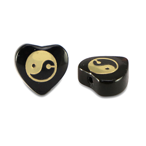 Abalorios de cristal coraz&oacute;n Yin & Yang Negro-dorado