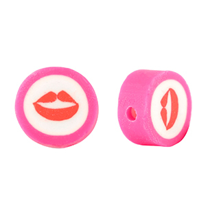 Abalorios de pol&iacute;meros kiss 10mm Rosa fucsia-blanco rojo