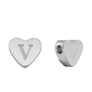 Abalorios Acero Inox coraz&oacute;n letra V Plateado