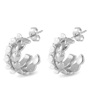 Pendientes Acero Inox coraz&oacute;n Imitaci&oacute;n de perlas Plateado