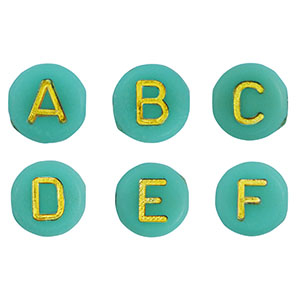 Abalorios letras acr&iacute;licas mix Verde esmeralda-oro