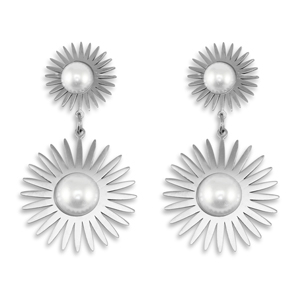 Pendientes Acero Inox sol con imitaci&oacute;n de perlas Plateado