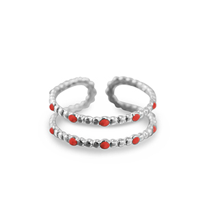 Anillos Acero Inox con puntos Plateado-rojo