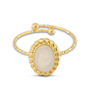 Anillos Acero Inox esmalte &oacute;valo Dorado-blanco nacar