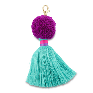 llavero pomp&oacute;n con borlas P&uacute;rpura-turquesa-fucsia