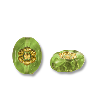Abalorios acr&iacute;licos &oacute;valo con flor Verde oliva-dorado