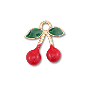 Colgantes met&aacute;licos esmalte cerezas Dorado-rojo-verde oscuro