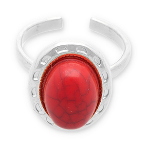 Anillos Acero Inox con imitaci&oacute;n de piedra natural Plateado-rojo