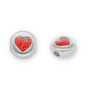 Abalorios met&aacute;licos DQ redondos con coraz&oacute;n Plateado vieja-glitter rojo (sin n&iacute;quel)