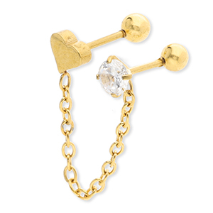 Piercing oreja Acero Inox coraz&oacute;n con cadena & strass Dorado-cristal