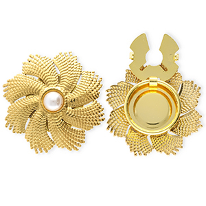 Cubrebotones Acero Inox flor on imitaci&oacute;n de perla Dorado-blanco