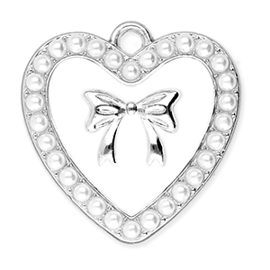 Colgantes met&aacute;licos coraz&oacute;n con perlas y lazo Plateado-blanco