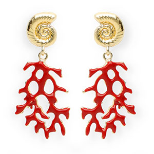 Pendientes trendy en esmalte concha & coral con perno de acero inox Dorado-rojo oscuro