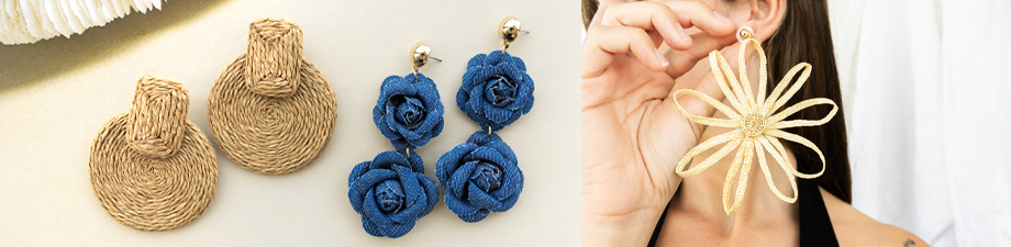 Pendientes llamativos de rafia y denim Pendientes llamativos de rafia y denim